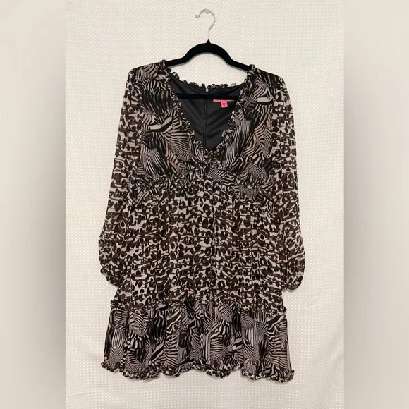 Betsey Johnson Leopard Zebra Print Ruffle Babydoll Dress Sheer Sleeve Sz 12 - Picture 4 of 6